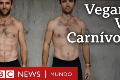 Dos hombres sin camisa frente a un fondo gris con texto comparativo y el logo de noticias que comen los vegetarianos guia completa para una alimentacion saludable