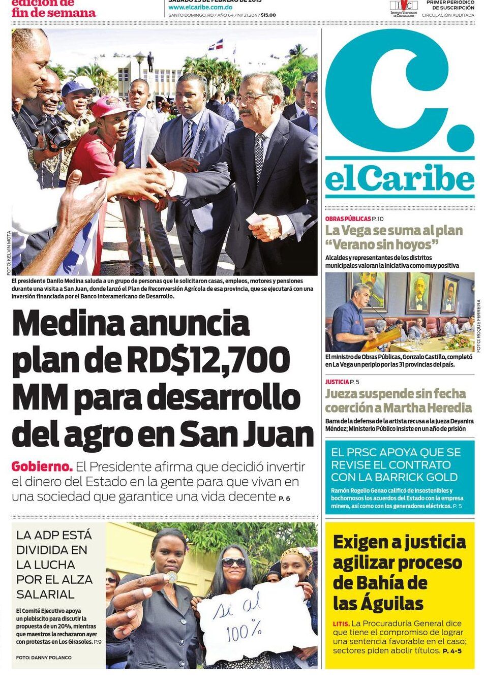 Portada de diario con titular sobre un plan de inversión para el agro en San Juan y fotografía de un saludo entre autoridades y ciudadanos