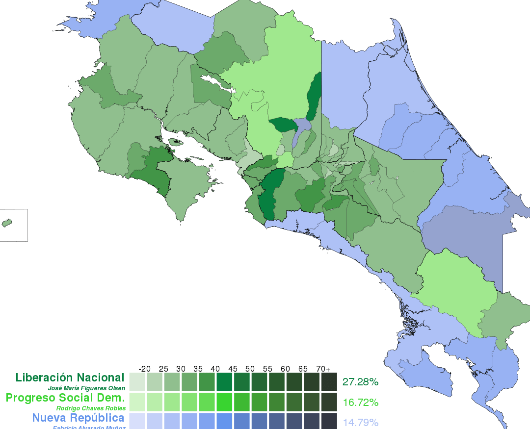 Mapa de Costa Rica con divisiones cantonales, escala de colores y porcentajes que permite visualizar que consecuencias tendria el triunfo del voto en blanco en las elecciones presidenciales.
