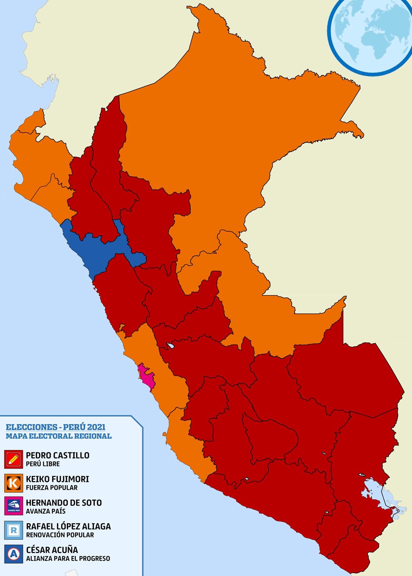 Mapa regional de resultados electorales de Perú 2021 con regiones coloreadas por opción y la pregunta que consecuencias tendria la victoria del voto en blanco en peru.