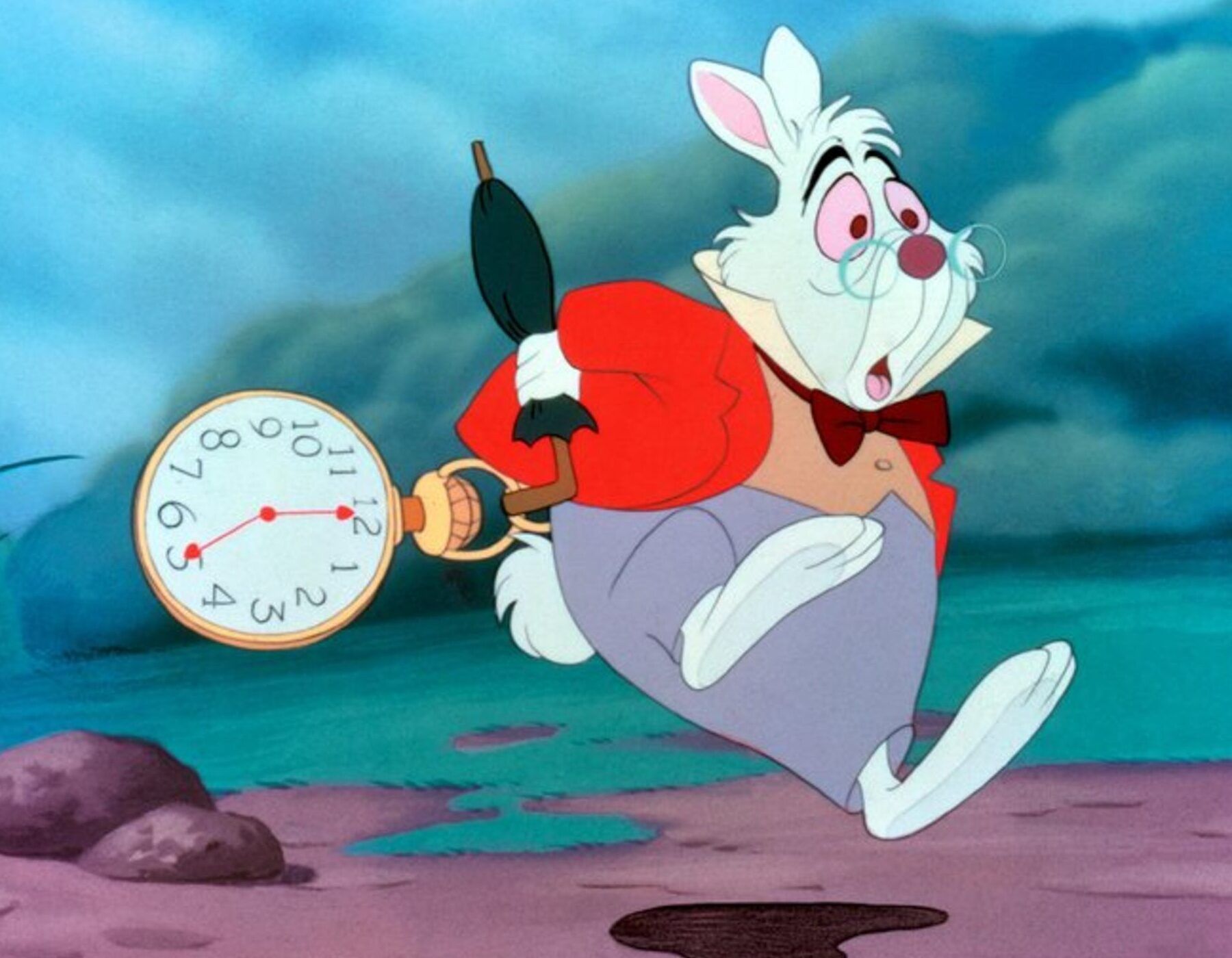 Conejo blanco apresurado con reloj de bolsillo que simboliza que consecuencias tiene faltar a la conciliacion laboral