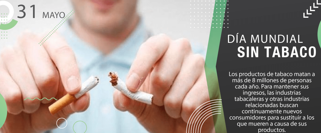 Manos rompiendo un cigarrillo junto al texto del Día Mundial Sin Tabaco que consecuencias tiene fumar siendo un nino