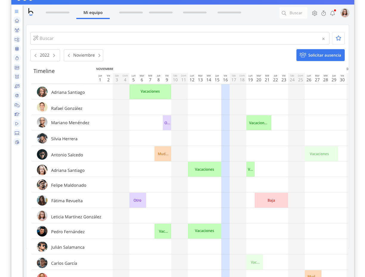 Vista de timeline de ausencias con etiquetas como Vacaciones, Baja y Solicitar ausencia, útil para ilustrar que consecuencias tiene no entregar el parte de baja laboral.