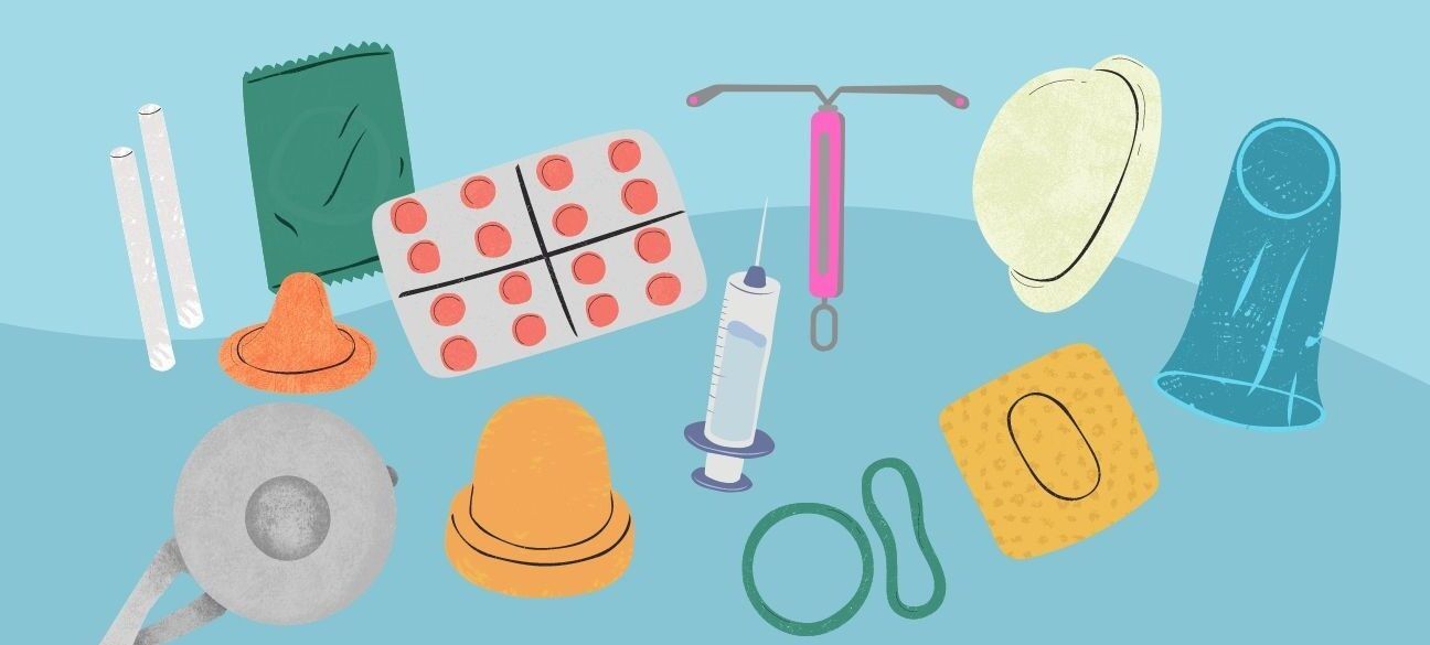 Diversos métodos anticonceptivos ilustrados, incluyendo una jeringa, para informar sobre que efectos tiene la inyeccion anticonceptiva si estas embarazada.