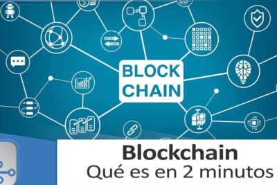 Diagrama con nodos, iconos y texto que es el blockchain explicado facil mostrando red y bloques en azul.