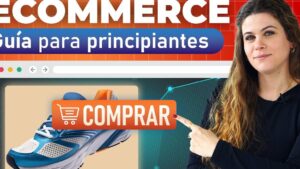 Mujer señalando un botón COMPRAR sobre la imagen de una zapatilla que ilustra que es el ecommerce y como funciona