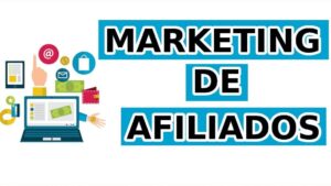 Ilustración que muestra que es el marketing de afiliacion con laptop, billetes, cartera e iconos de correo, compra y móvil.