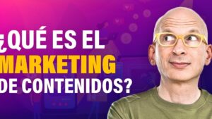 Hombre pensativo con fondo púrpura y la frase que es el marketing de contenidos en letras grandes