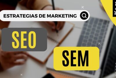 Imagen que muestra el texto 'Estrategias de marketing' y recuadros SEO y SEM sobre un portátil y libreta, ilustrando que es el seo en marketing digital.