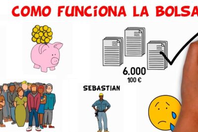 Ilustración que es la bolsa de valores explicada con cerdito de ahorro, multitud de personas, pilas de documentos numeradas y una mano dibujando una marca
