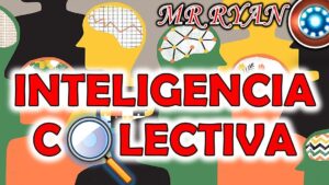 Siluetas coloridas con iconos cerebrales y lupa ilustrando que es la inteligencia colectiva