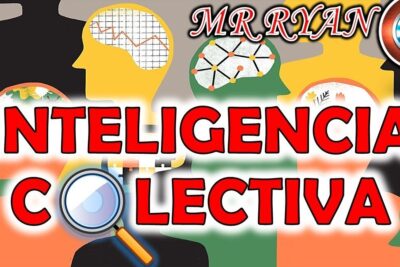 Siluetas coloridas con iconos cerebrales y lupa ilustrando que es la inteligencia colectiva