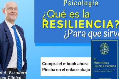 Banner informativo sobre que es la resiliencia emocional con profesional de psicología, texto explicativo y llamada a comprar e-book.