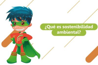 Superhéroe infantil con capa y bocadillo preguntando que es la sostenibilidad ambiental