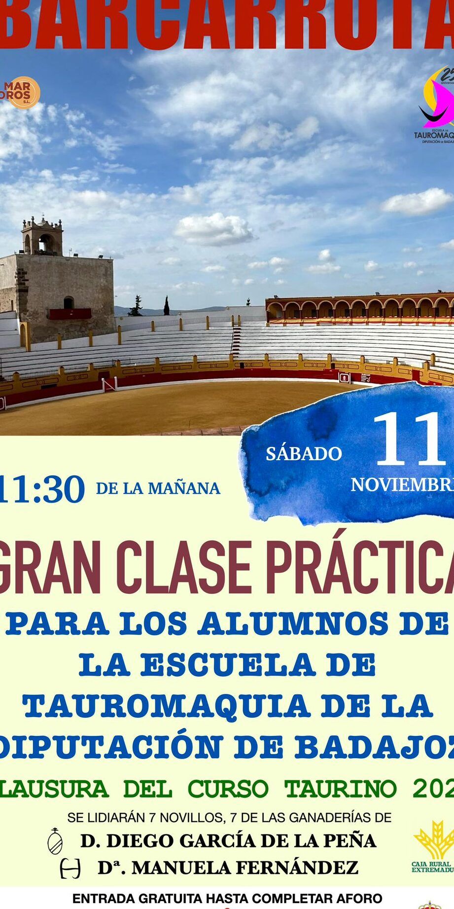 Cartel anunciando una gran clase práctica en una plaza de toros con gradas vacías y cielo azul que es la taurina y como beneficia a tu cuerpo aprende mas sobre taurina vive 100