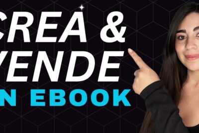 Mujer señalando texto grande CREÁ & VENDE UN EBOOK sobre fondo geométrico, idea de que es un ebook y como crearlo