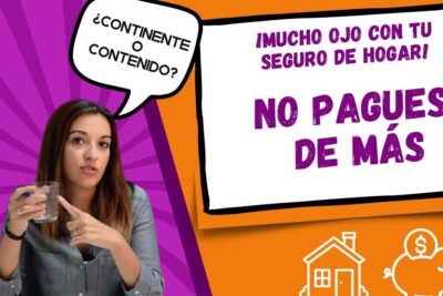 Mujer señalando un vaso junto a los textos '¿Continente o contenido?' y 'No pagues de más', ilustrando que es un seguro de hogar imprescindible para elegir cobertura adecuada.