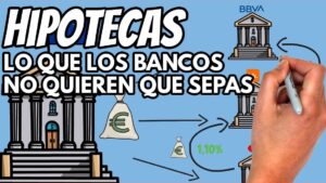 Ilustración informativa sobre que es una hipoteca fija o variable con bancos, bolsas de dinero y flechas