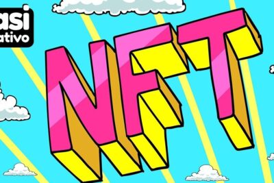 Ilustración colorida en 3D con las letras NFT sobre un cielo con nubes que explica que es una nft y como funciona