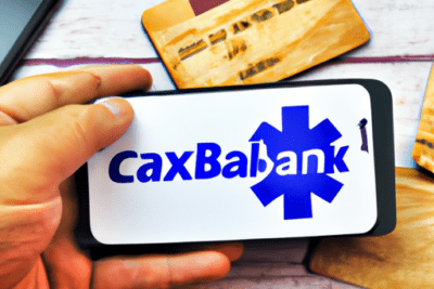Mano sosteniendo un móvil que muestra un logotipo bancario junto a tarjetas sobre una mesa, consulta sobre que ha pasado con caixabank.