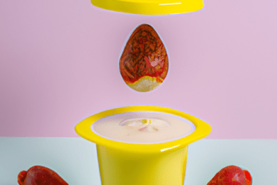 Envase de yogur amarillo con tapa flotante y frutas rojas sobre fondo pastel, inspiración para que hacer con 6 yogures caducados 10 ideas creativas