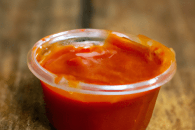 Vasito de ketchup sobre una mesa de madera, que hacer con el ketchup caducado aprovecha al maximo tu salsa favorita aun vencida.