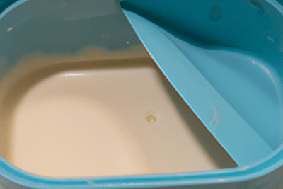 Envase plástico azul con salsa blanca cremosa, útil para búsquedas sobre que hacer con una bechamel caducada sin abrir