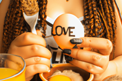 Manos sosteniendo un huevo decorado con la palabra LOVE, un cuenco con yema, una cuchara con crema y un vaso de zumo que ilustran opciones para que hacer cuando la leche esta caducada
