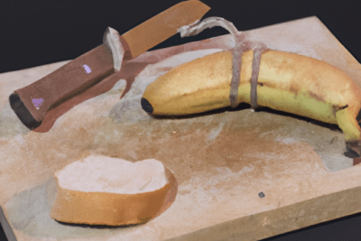 Plátano atado con cuerda junto a un cuchillo y una rebanada de pan sobre una tabla que ilustran que hacer cuando un alimento esta caducado la importancia de la fecha de vencimiento.