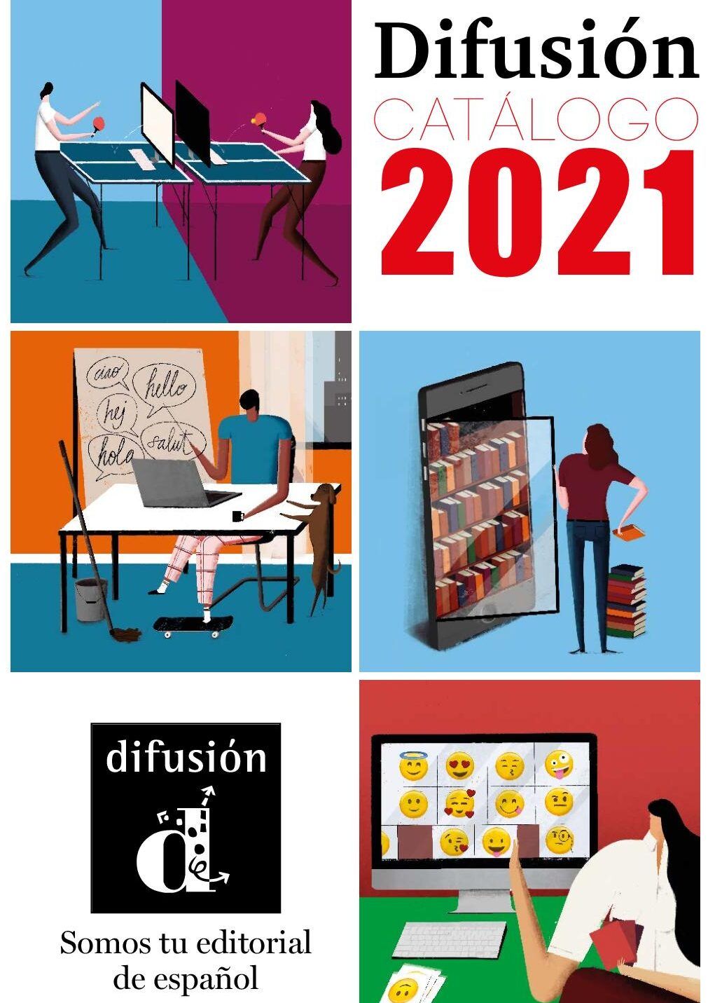 Portada y páginas ilustradas del catálogo 2021 de Difusión con escenas de estudio, lectura digital y comunicación y que hacer si el vendedor de wallapop no envia el paquete guia practica