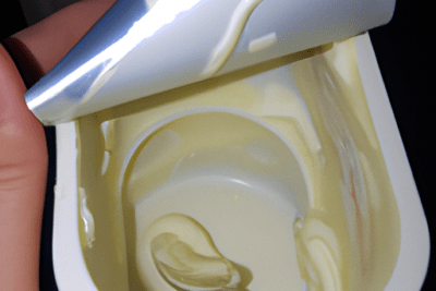 Que hacer si encuentras un yogur caducado hace 8 dias: guía visual y consejos rápidos, envase abierto con yogur cremoso y cuchara que muestra textura uniforme sin moho visible.