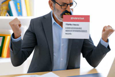 Hombre en oficina frustrado leyendo un aviso en papel y frente al portátil sobre que hacer si ha caducado el certificado digital