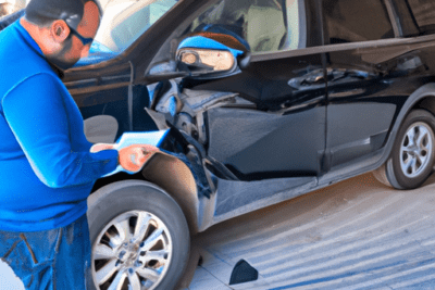 Persona inspeccionando un coche negro con daños en la aleta y piezas rotas en el suelo, que hacer si la itv esta caducada y el seguro del coche esta vigente