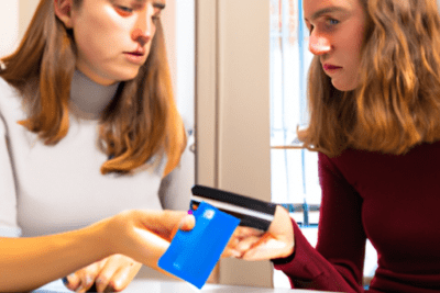 Dos personas revisan tarjetas bancarias y un móvil mientras consideran que hacer si me ha caducado la tarjeta del banco