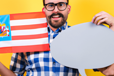 Hombre con gafas y camisa de cuadros sosteniendo una bandera y un bocadillo vacío, concepto sobre que hacer si mi nie ha caducado y quiero trabajar en espana.