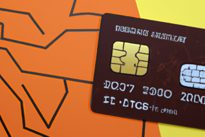 Primer plano de tarjeta bancaria con chip sobre fondo naranja y amarillo, que hacer si mi tarjeta esta caducada encuentra la solucion aqui