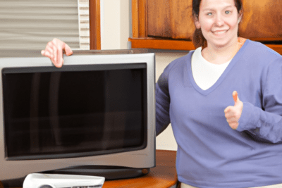 Mujer sonriente en un entorno doméstico junto a un televisor mostrando pulgar arriba que hacer si se me ha caducado la itv