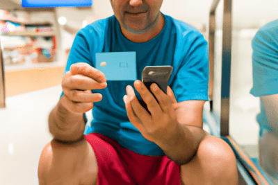 Hombre sentado con tarjeta azul y móvil revisando qué hacer si se me ha caducado la tarjeta de la caixa.