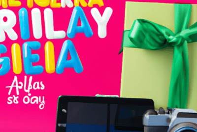 Imagen colorida de caja regalo con lazo verde, tablet y cámara que ilustra que hacer si te ha caducado el kit digital.