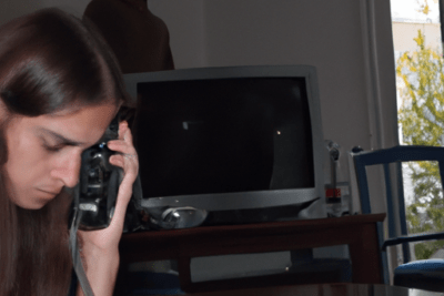 Mujer llamando desde el salón junto a la televisión: que hacer si tienes la itv caducada hace mas de 6 meses, guía práctica y pasos, mujer sujetando un teléfono cerca de un televisor y muebles del salón.