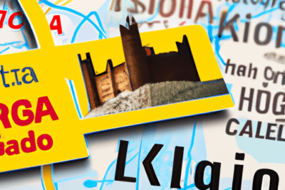 Tarjeta lazo amarilla sobre mapa de Zaragoza con imagen de un castillo, ilustración sobre que hacer si tu tarjeta lazo zaragoza esta caducada
