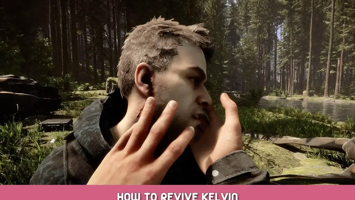 Manos en primera persona intentando revivir a un personaje cerca de un río en el bosque, que ocurre si kelvin muere en sons of the forest descubre el logro secreto.