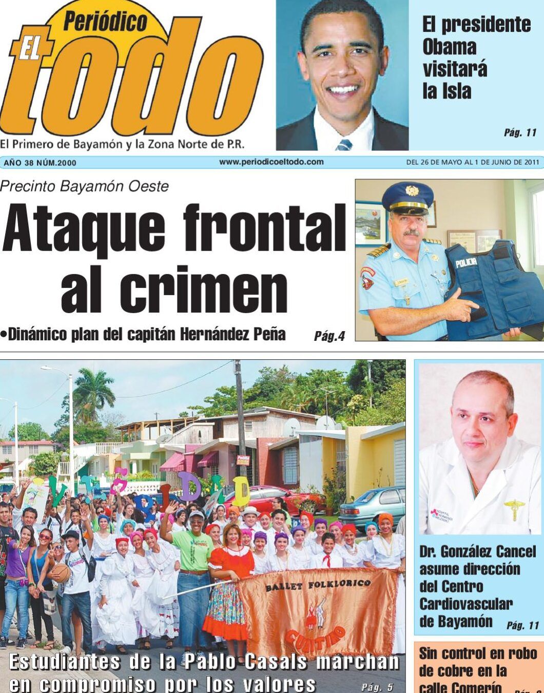 Portada de periódico con titular 'Ataque frontal al crimen', policía mostrando chaleco antibalas y grupo de estudiantes en marcha, que ocurre si la culebrilla se une con el nero descubre sus efectos aqui
