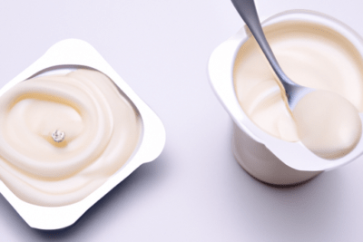 Dos envases de yogur cremoso abiertos con cuchara y textura suave, que pasa si consumes yogur caducado descubre el riesgo de intoxicacion