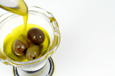 Aceite de oliva dorado vertiéndose sobre aceitunas en un recipiente de cristal, que pasa si el aceite de oliva esta caducado