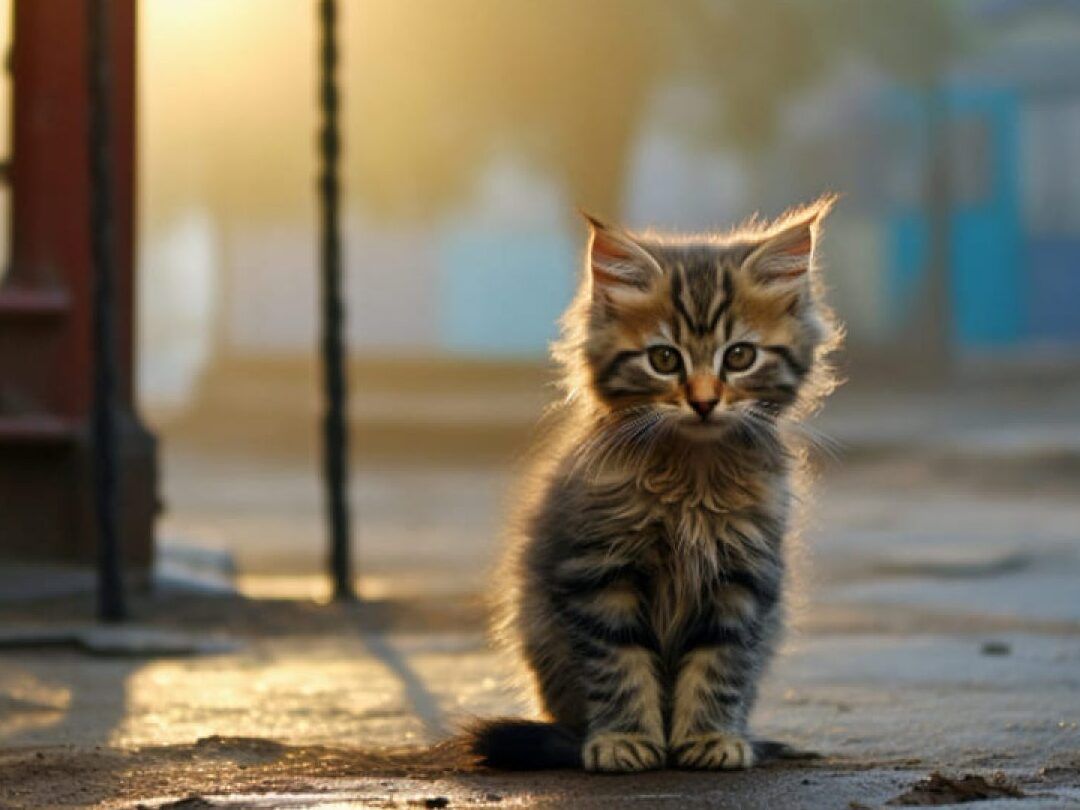 Gatito al amanecer que pasa si el amor de tu vida regresa despues de 20 anos como metáfora de reencuentro, gatito atigrado sentado en una acera iluminada por la luz dorada del amanecer.