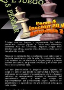 Portada con piezas de ajedrez sobre tablero, texto 'Parte 4 Lección 20 y Antología 2' y mensaje educativo que pasa si el rey llega al otro lado descubre las reglas del ajedrez que no conocias