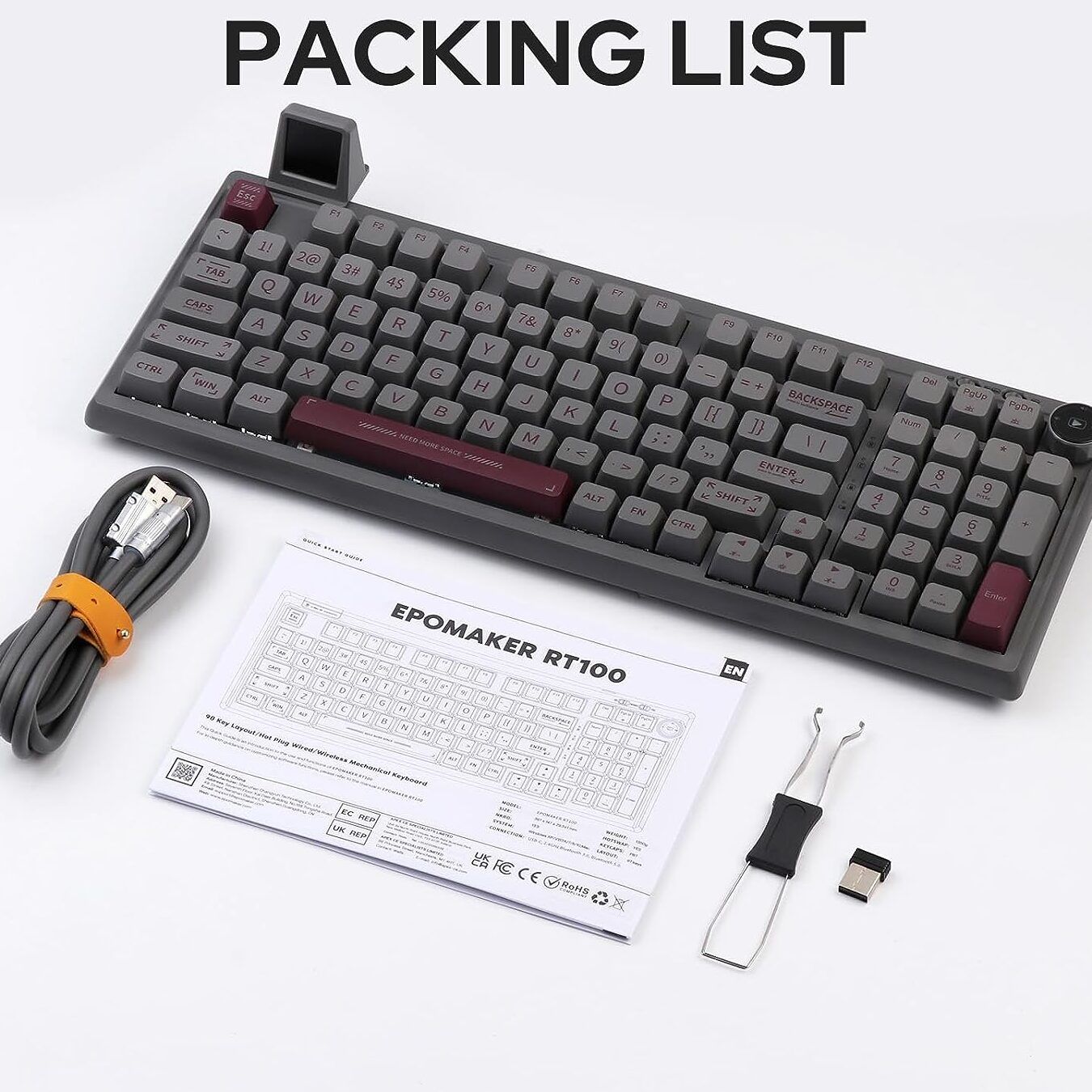 Teclado mecánico Epomaker RT100 gris con teclas granate, cable USB, manual de usuario, extractor de teclas y dongle inalámbrico que pasa si juntas los dos polos de una bateria solar descubre las consecuencias