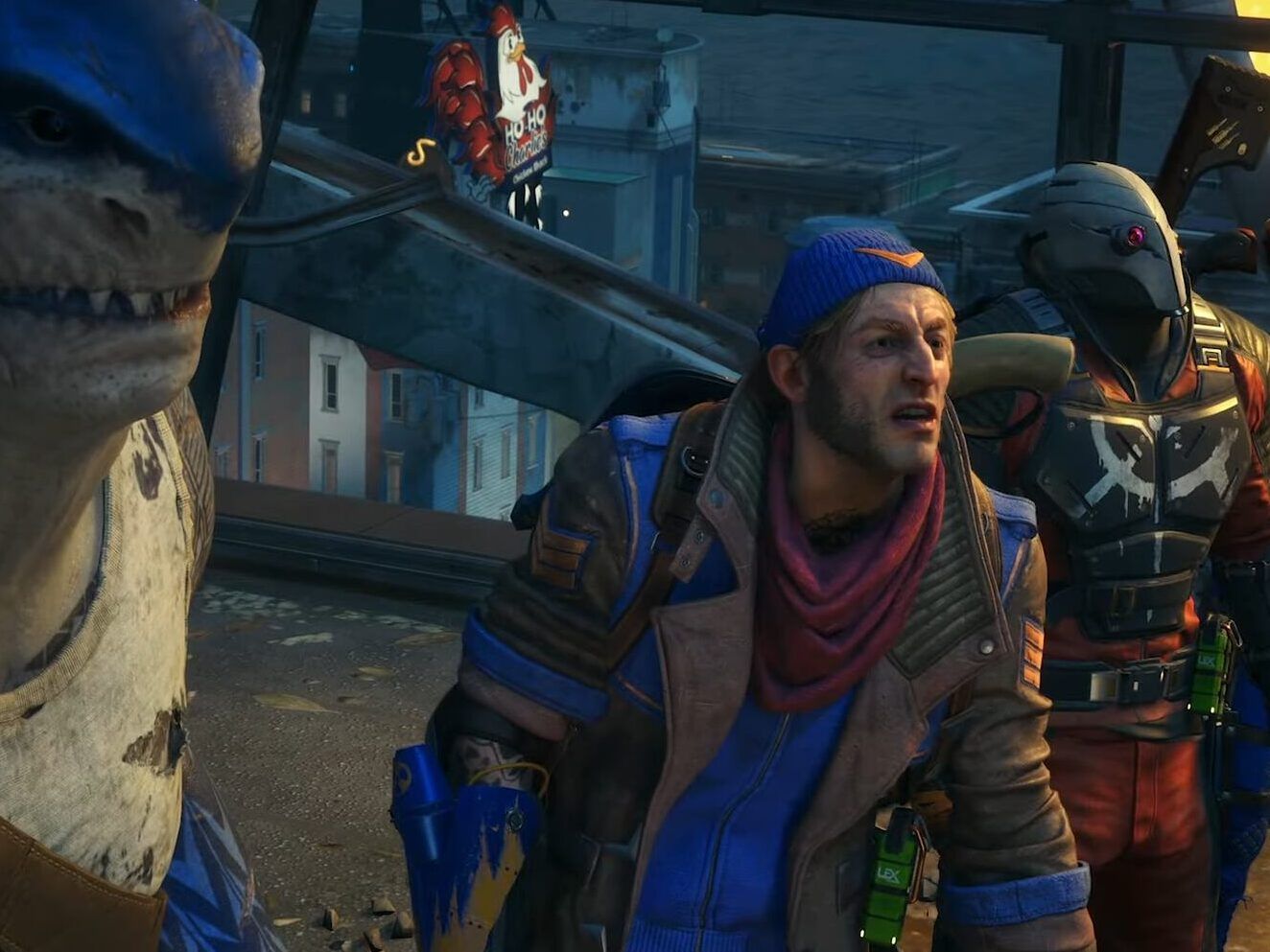Trío de personajes en azotea con mirada tensa, iluminación nocturna y la pregunta que pasa si kevin muere en fortnite descubre las consecuencias
