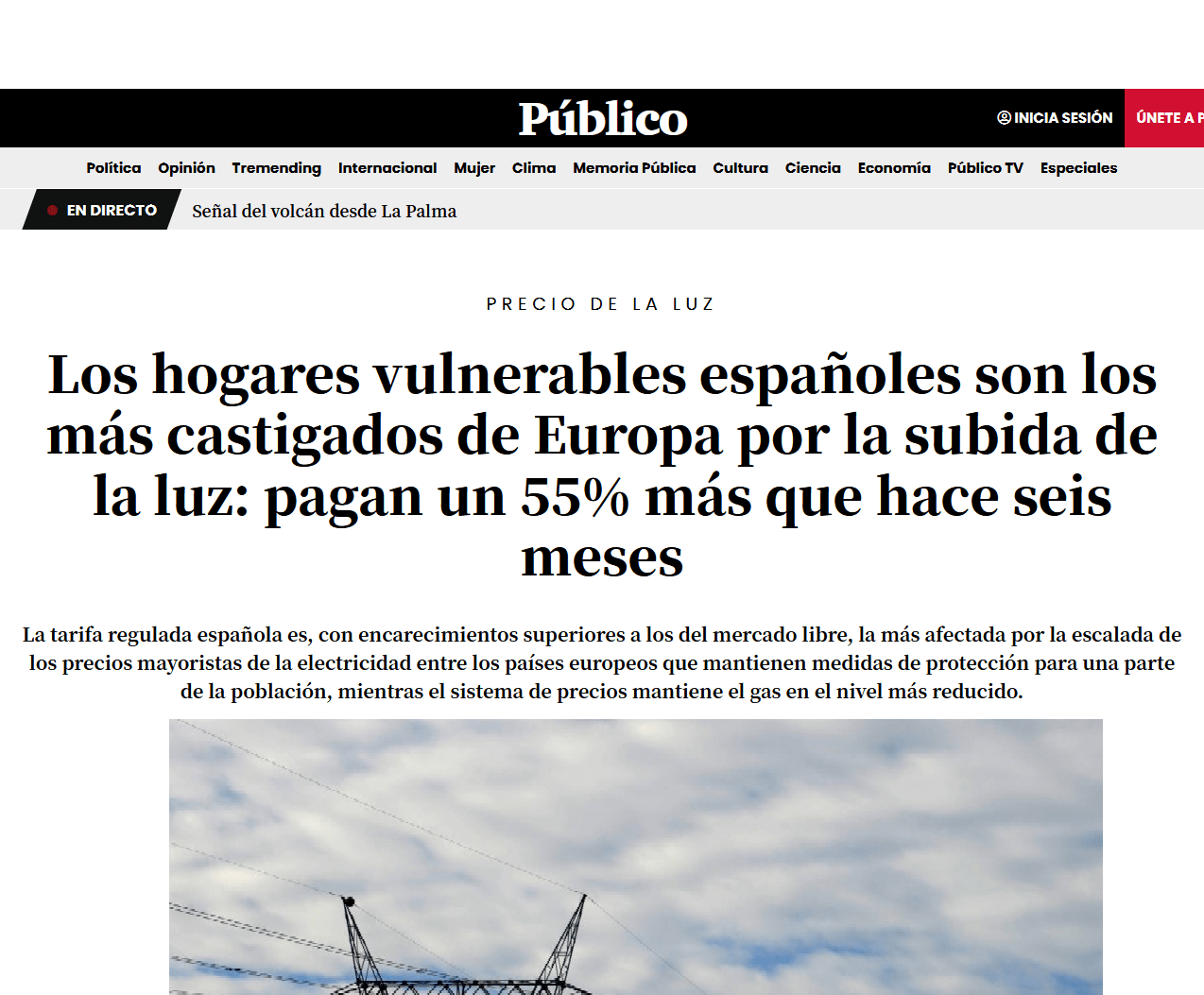 Portada de noticia con titular sobre hogares vulnerables, subida de la luz y fotografía de torres eléctricas que pasa si la culebrilla se une con gases descubre las consecuencias
